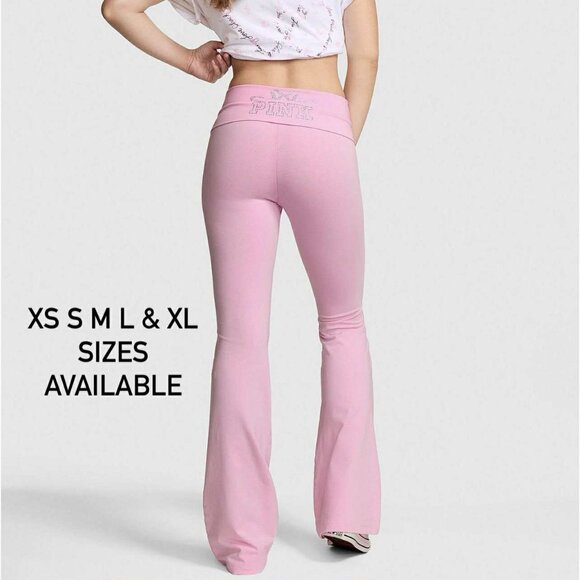 VS PINK x LoveShackFancy Cotton Foldover Flare Leggings in PINK LOLLIPOP XS-XL - Picture 1 of 9
